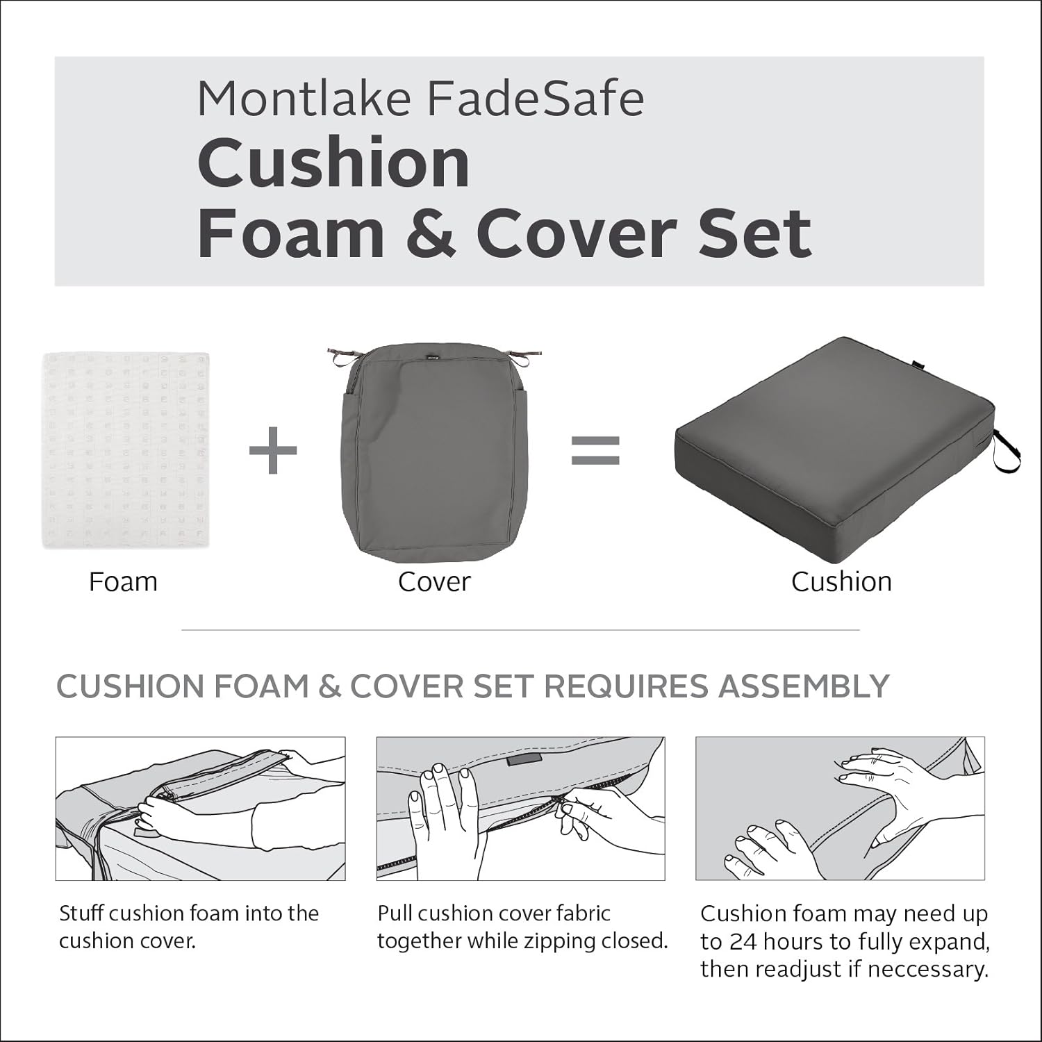 Classic Accessories Montlake Water-Resistant 25 x 25 x 5 Inch Square Outdoor Seat Cushion, Patio Furniture Chair Cushion, Light Charcoal Grey : Garden & Outdoor