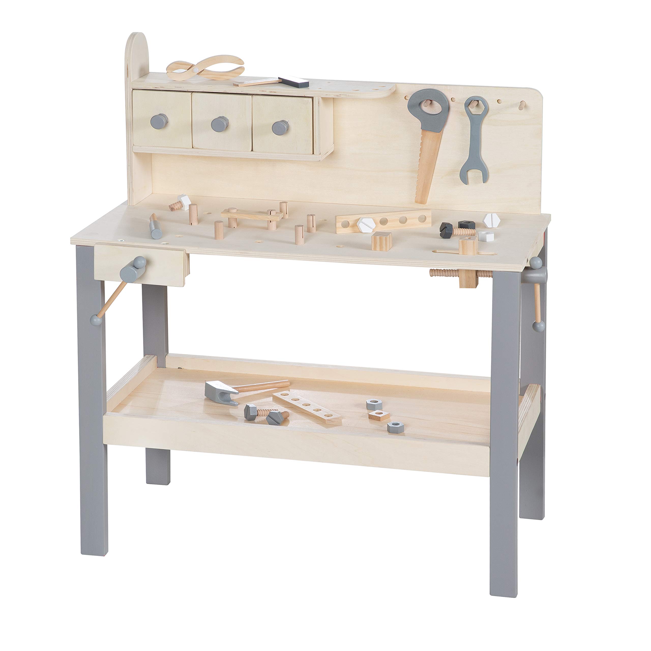 roba Wooden Children's Workbench - Large Work Bench with Tool Set with Shelf and 3 Drawers