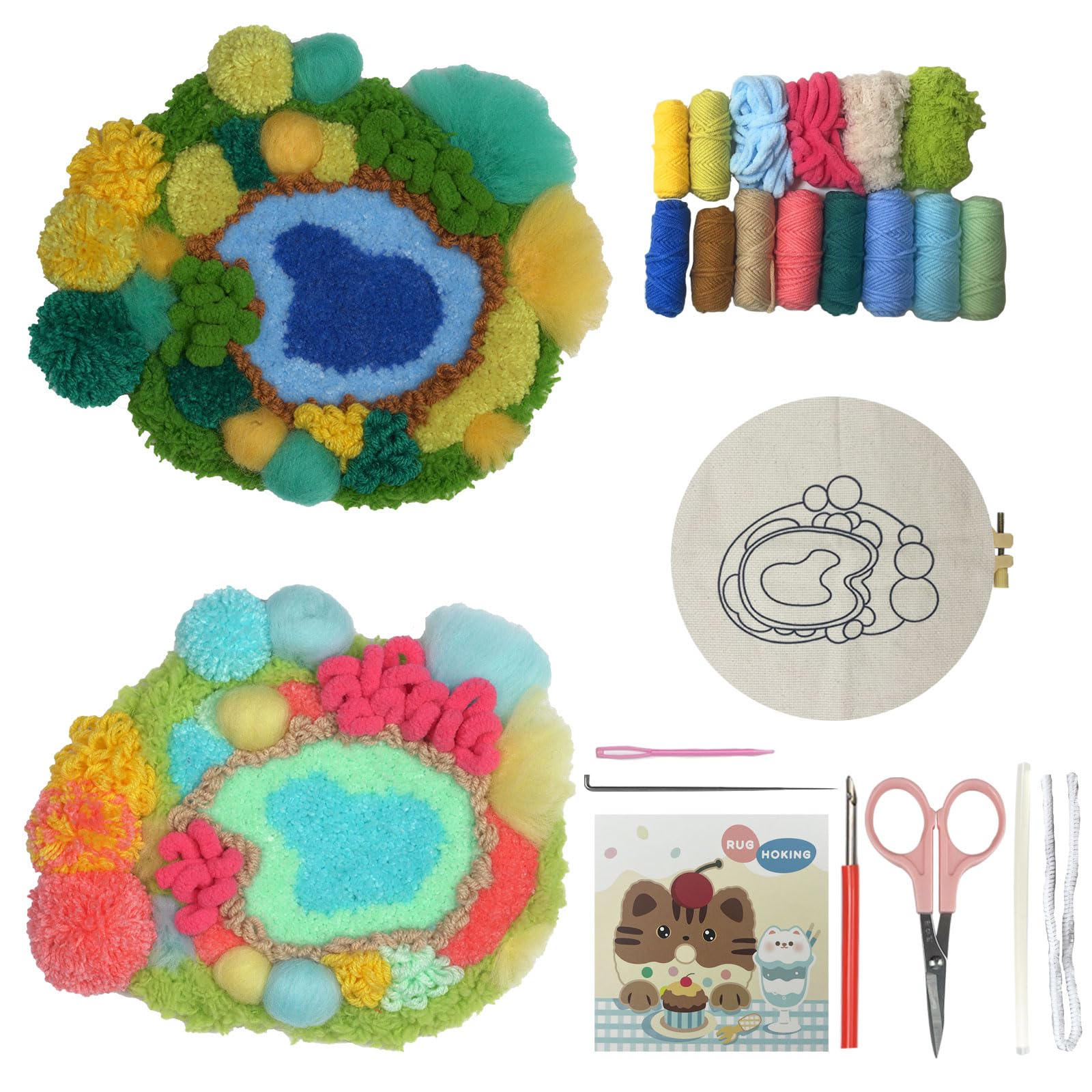 Photo 1 of YFWLMNY Rug Hooking Pink and Green,Moss Punch Needle Kit,Moss Landscaping Series DIY Kit Including Embroidery Hoops,Punch Needles,Scissors,hot melt Glue and Wool