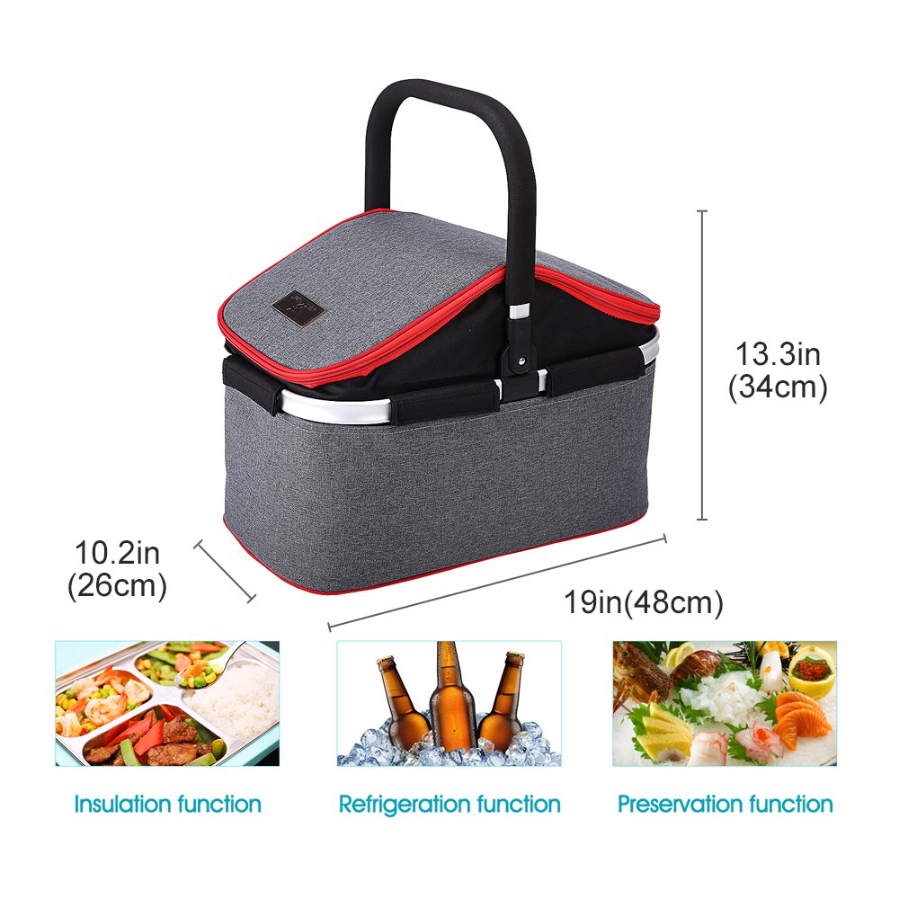 Collapsible Soft Cooler Bag 30L Family Size Insulated Folding Picnic Basket Service for 4 Person’s Food and Drink Keep Hot/Cold/Fresh for Hours Waterproof Insulation Tote With Aluminum Handle-Gray