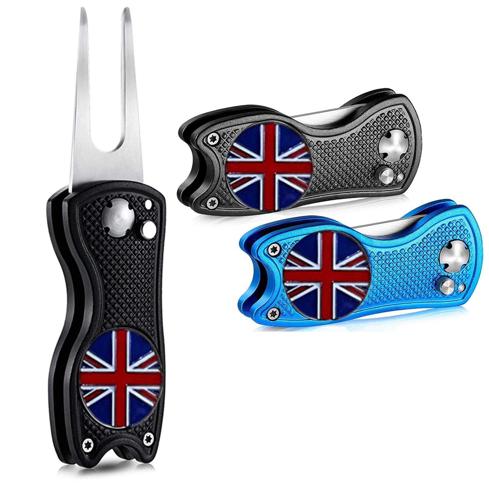FINGER TEN Golf Divot Repair Tool with Ball Marker Value 3 Pack, Stainless Steel Magnetic Marker Color Red Blue Black Foldable Portable Gifts for Men Women Golfer (Grey+Black+Blue-3 Pack)