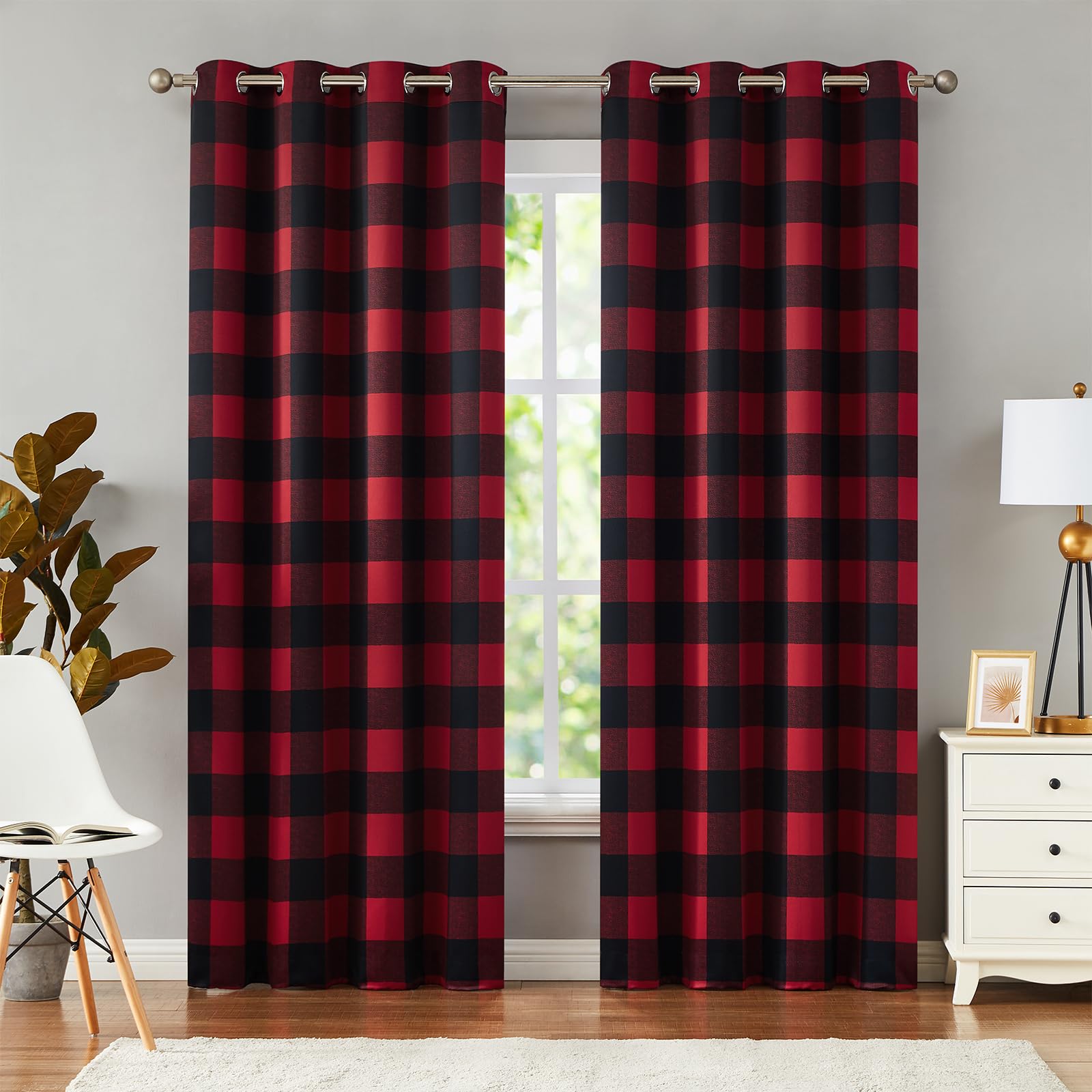 Melodieux Buffalo Check Plaid Blackout Curtains 84 Inches Long for Bedroom, Living Room Thermal Insulated Room Darkening Grommet Drapes, Black Red, 50 x 84 Inch, 2 Panels