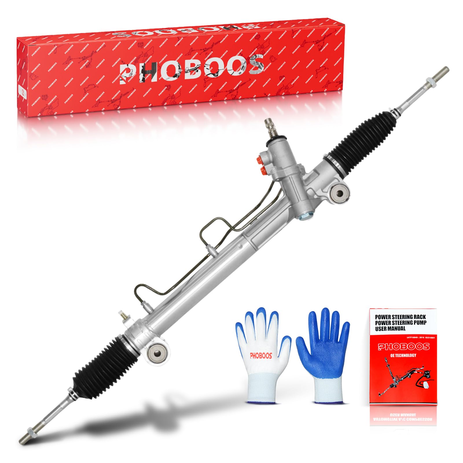 Photo 1 of  steering rack assembly, protective gloves, and a user manual. 