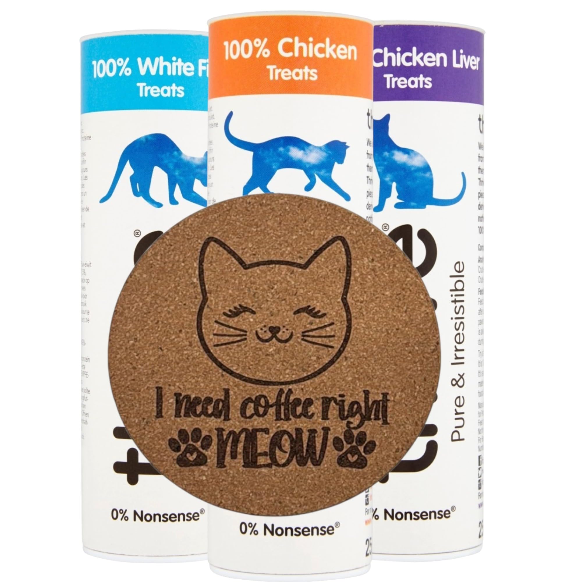 AETN Creations Freeze-Dried Cat Treats Bundle – 3 Flavours (Chicken, White Fish & Chicken Liver) + 1 of 6 Exclusive Cat Coasters – 100% Natural, High Protein, Grain-Free Snacks for Cats