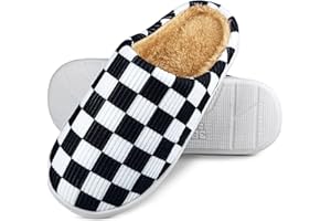 BUNYISCN Memory Foam Slippers for Women Mens House Slippers for Woman Checkered Slippers Casual Soft Shoes Warm Fuzzy Bedroom Slippers Women with Faux Fur Lining Indoor Outdoor Pink White Black