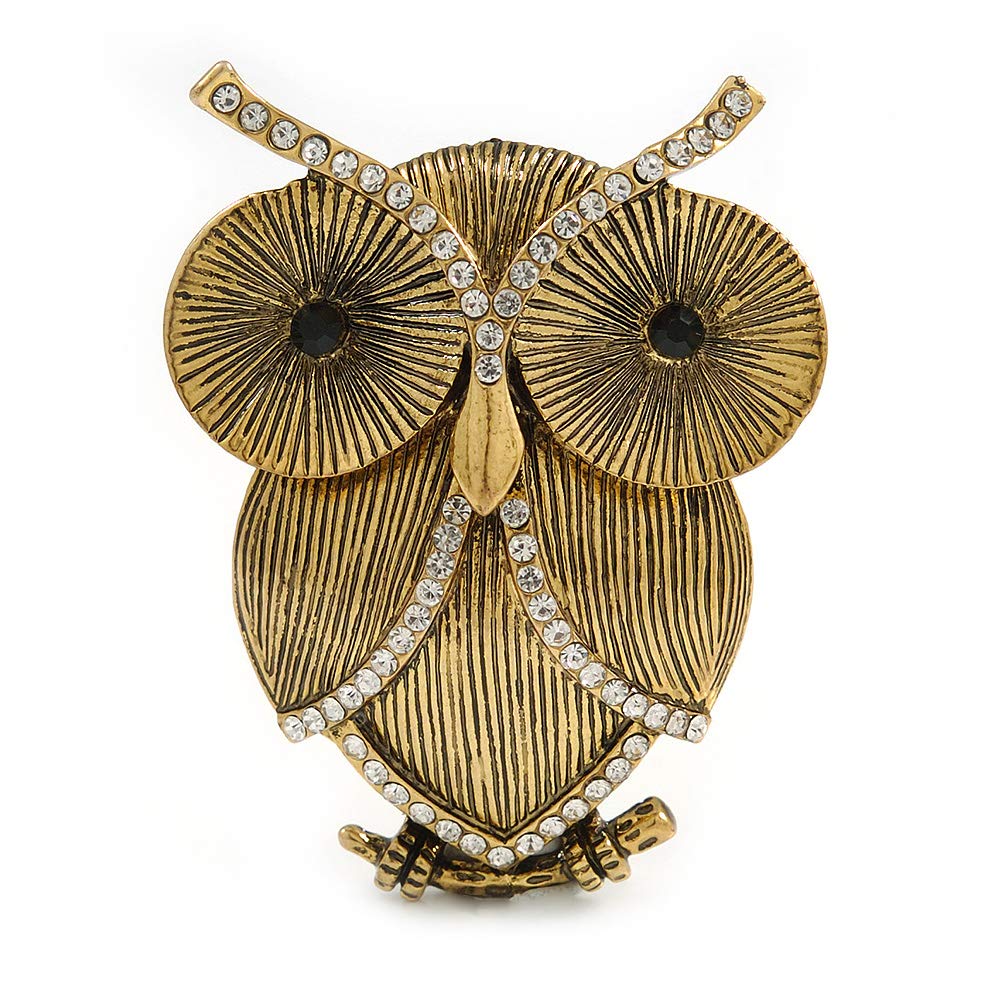Vintage Inspired Crystal Textured Owl Brooch In Aged Gold Tone - 50mm Tall