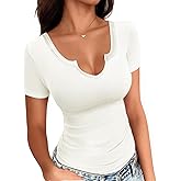 Buauty Women's Tops V Neck Shirts Short Sleeve Tshirt Fitted Basic Tees Summer Tunic Ribbed Sexy Clothes Casual Cute