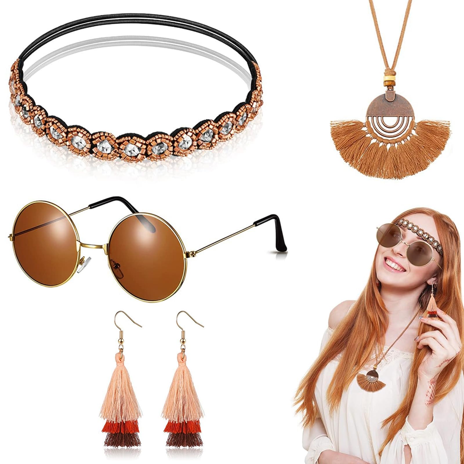 4Pieces 1970s Disco Accessories Set - 70s Headband, Hippie Accessories, Shiny Sunglasses, Earrings, Necklace & Headband for Ladies Retro Party