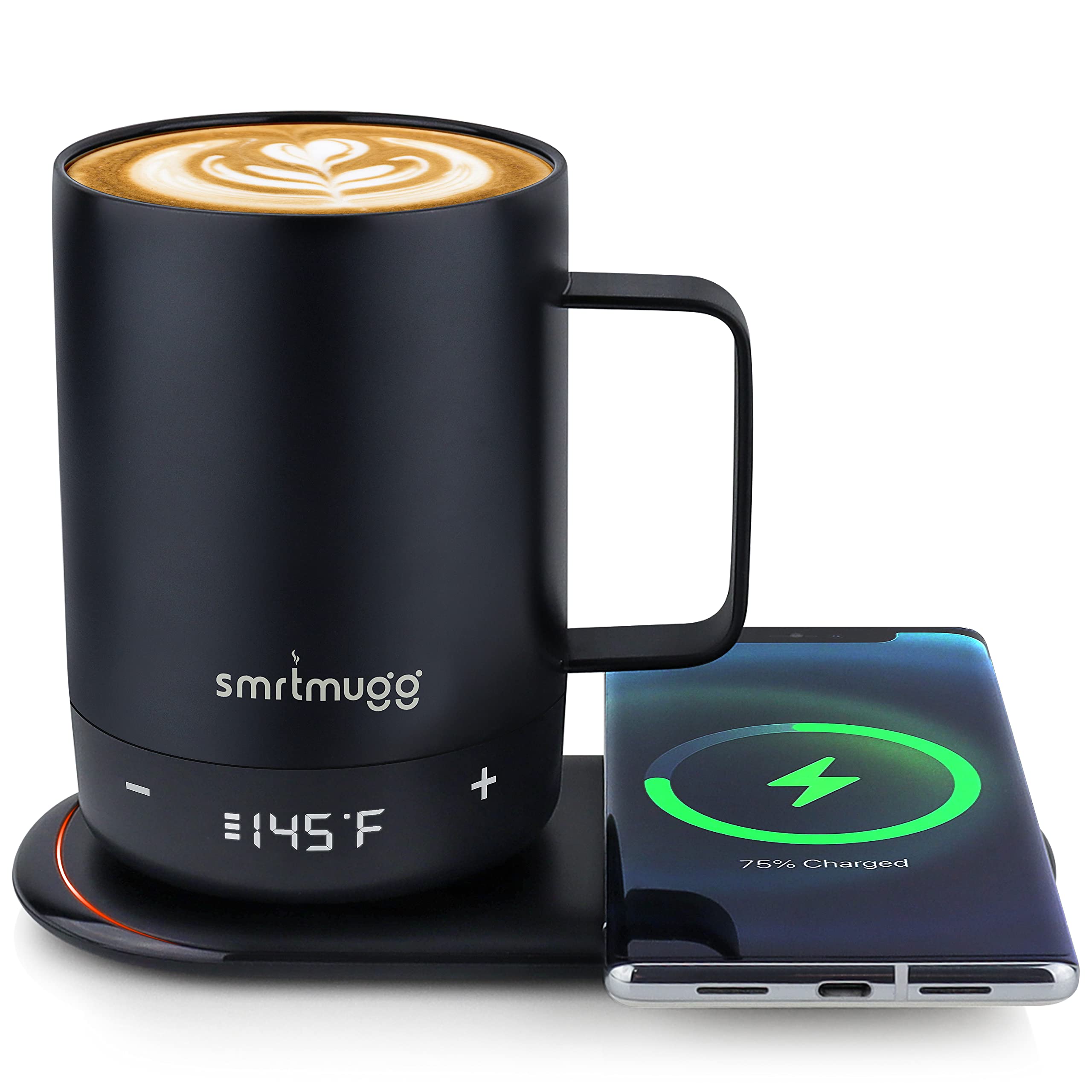 View 1 of SMRTMUGG Create Heated Coffee Mug, Large 14 OZ, 5 Hour Battery Life, Precision Temperature Adjustment, Battery Powered Heated Coffee Mug Warmer, w/Dual Wireless Charging Pad Phone Charger (Black)