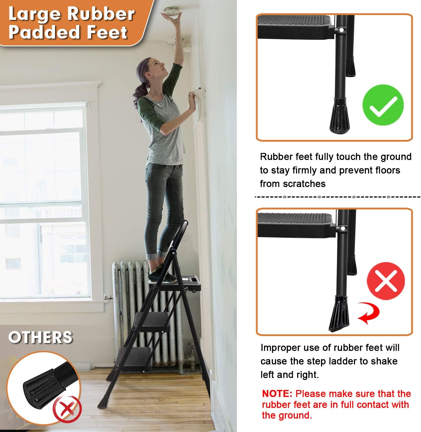 HBTower 3 Step Ladder, Folding Step Stool with Wide Anti-Slip Pedal, 500lbs Sturdy Steel Ladder, Convenient Handgrip, Lightweight, Portable Steel Step Stool, Black - - 