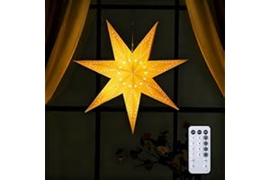 Hiboom Paper Lantern 24 Inch, 8 Mode 50 LEDs Firework Fairy String Lights, Light up Hollow Out Star Hanging Decoration for Indoor Outdoor Room Wedding Christmas Party (7-Point Star, 1 Set)