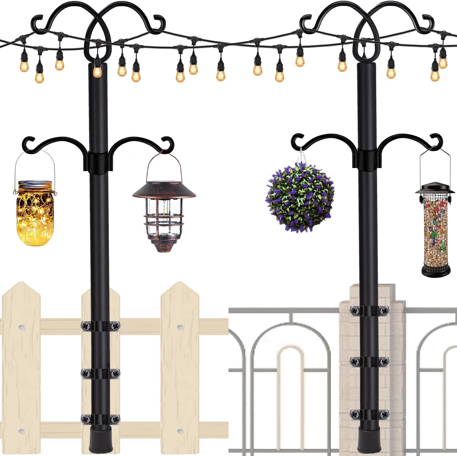 Flagpole Hardware - RINLAIN String Light Poles 2 Pack，8.3ft Height Adjustable Metal Stand Pole with Hooks for Hanging String Lights，Garden, Backyard, Patio Lighting Stand for Parties, Wedding (2Pack-Deck Pole, Black)