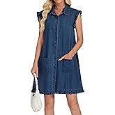 EZAPINE Denim Dress for Women Button Down Ruffle Sleeveless Blue Jean Dresses Summer Cute Short Mini Dress