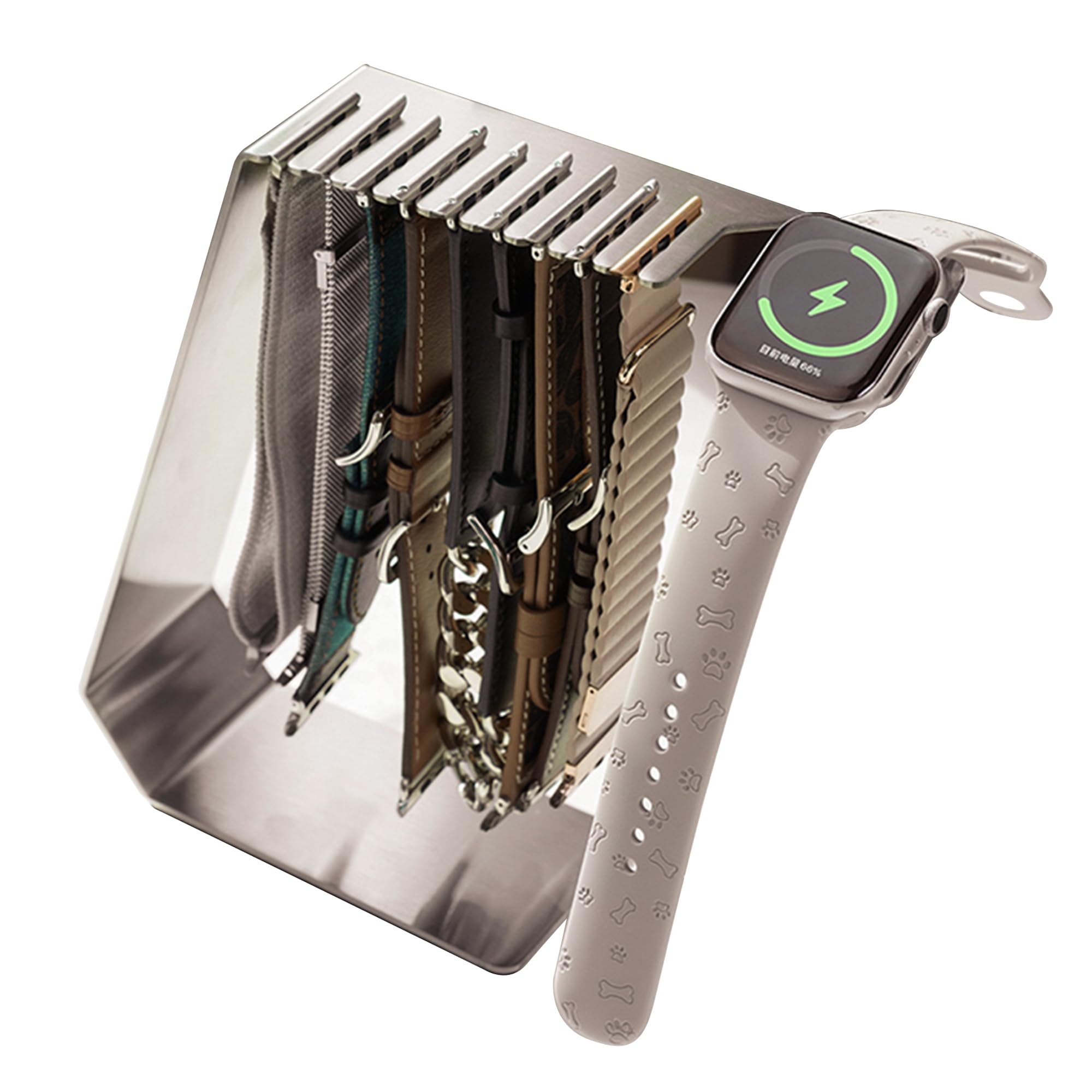 TYESTAND Watch Band Organizer with Charger Groove for Apple Watch,Stainless Steel Watch Strap Storage Rack for Smart Watch,Desk Hanging Display Holder for iWatch Series Strap (Silver)
