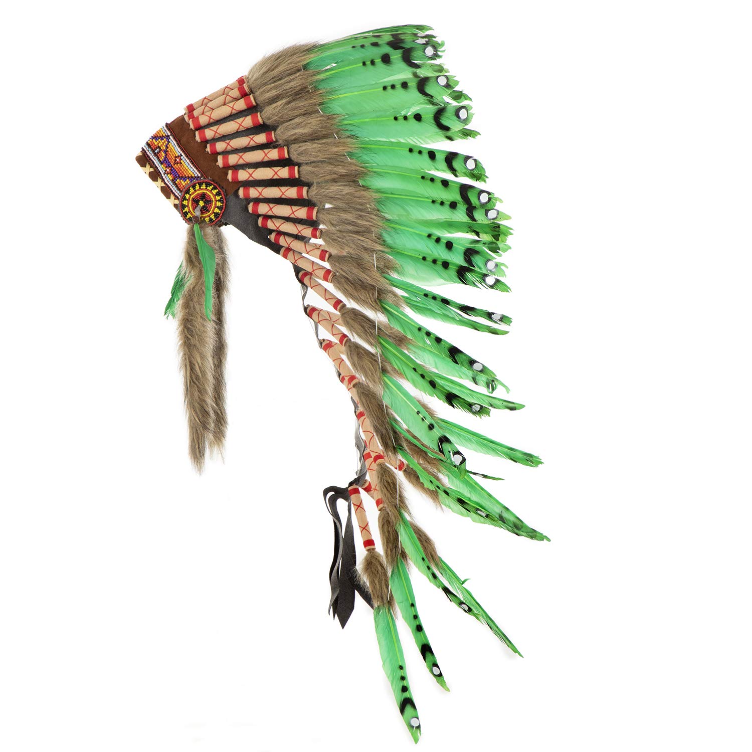 Pink Pineapple Handcrafted Native American Inspired Feather Headdress - Medium Length - Lime Green with Black Spots