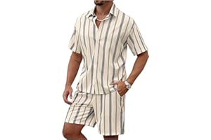 Floerns Men's 2 Piece Vacation Outfit Striped Button Down Shirts and Summer Shorts Tracksuit Set