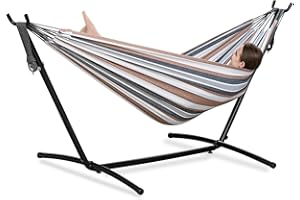 PNAEUT Double Hammocks with Stand for Outside, Portable Space Saving Heavy-Duty Steel Stand for Indoor Outdoor Patio with Carrying Bag, 450 lbs Capacity (Coffee)
