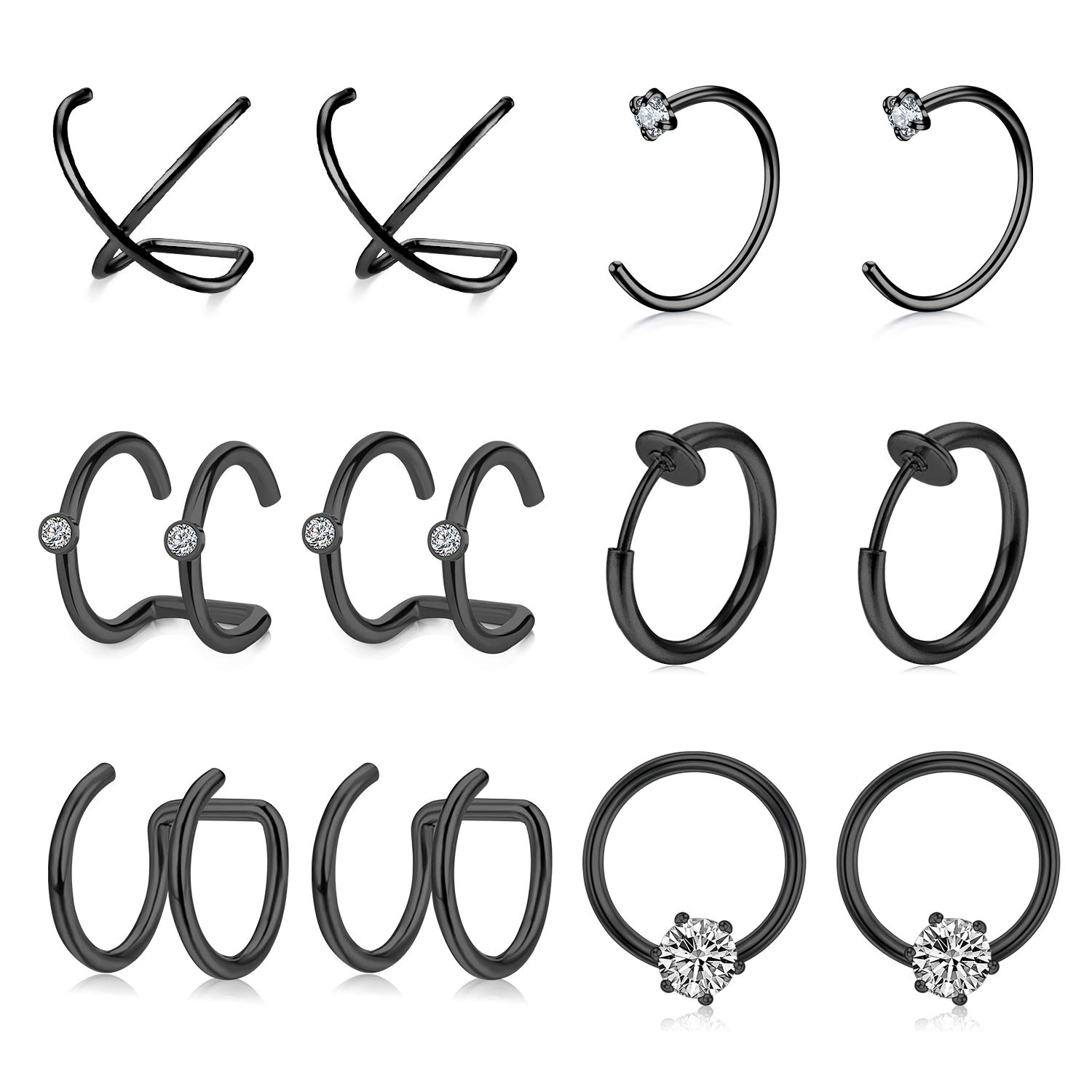 AVYRING Fake Nose Ring Stainless Steel Non-Pierced Ear Cuff Jewellery for Women Men Faux Septum Piercing Nose Hoop Jewellery 6 Pairs - Black