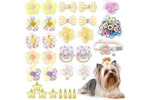 Cherocito 180+ Pcs Yellow Dog Hair Accessories Set,Small Dog Hair Bows with Rubber Bands,Cute Puppy Hair Ties,Bowties for Small Dogs Cats,Dog Hair Clip,Floral Bell Collar,Flower Scrunchie