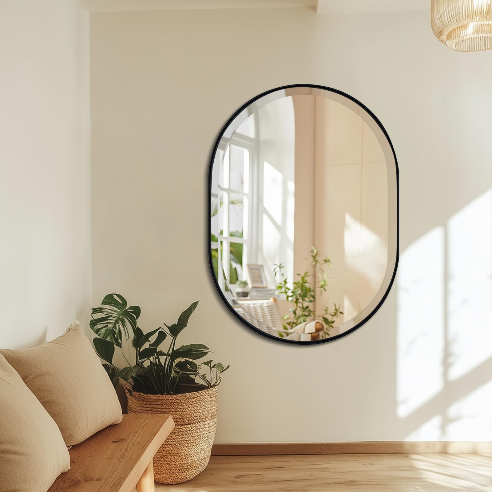 POZINO Black Oval Mirror, Beveled Scalloped Mirror, 22