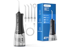 OPERAN Water Flossers for Teeth, Cordless Portable Water Flossers for Adults Braces, IPX7 Waterproof with 4 Modes, 4 Professional Nozzles, 300ml Tank & 21 Days Runtime for Travel, Black, 1Pack