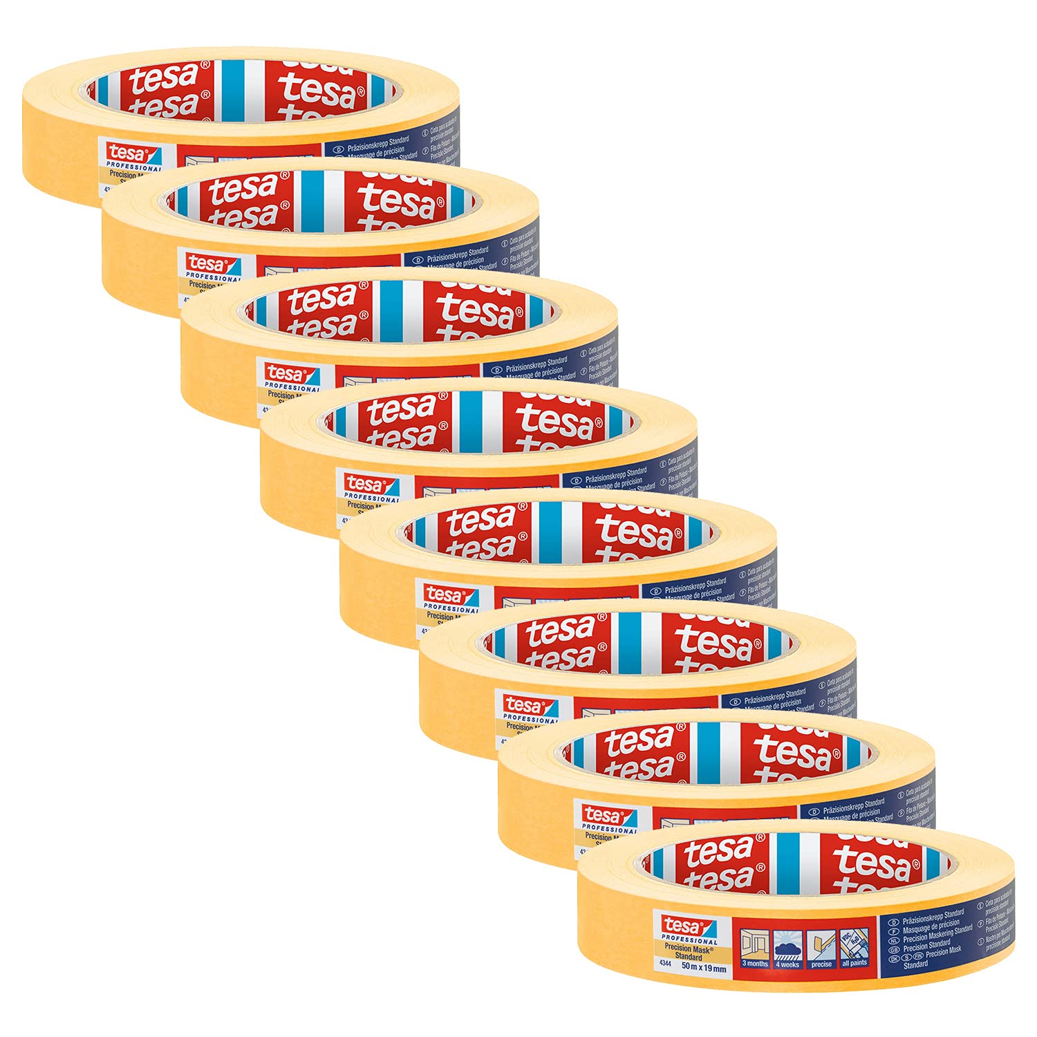tesa Precision Masking Tape 4344 Standard Pack of 8 Professional Masking Tape with Thin Paper Backing for Precise Masking and Covering Orange 50 m x 19 mm Each