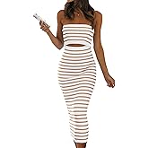 PRETTYGARDEN Women's Summer Midi Bodycon Dress Strapless Cut Out Knit Tube Long Fitted Dresses