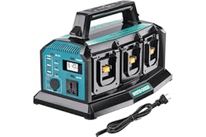 HIESUAN 2-in-1 Portable Inverter Charger, 1200W Pure Sine Wave Inverter & 6A Rapid Charger for Makita 18V Battery, 6-Port DC to AC 120V Converter, 3 USB-A + 3 USB-C, 300lm LED Light for RV Camp Off-Grid