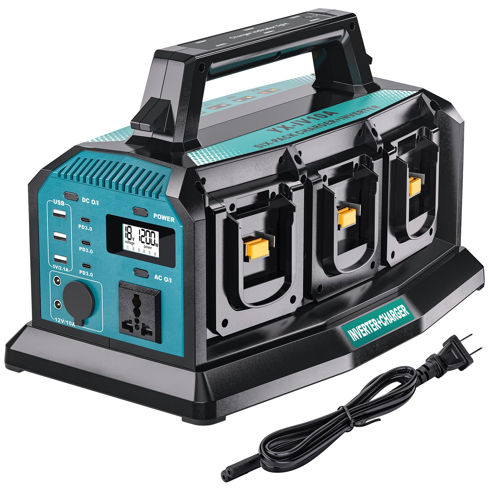 Photo 1 of 2-in-1 Portable Inverter Charger, 1200W Pure Sine Wave Inverter & 6A Rapid Charger for Makita 18V Battery, 6-Port DC to AC 120V Converter, 3 USB-A + 3 USB-C, 300lm LED Light for RV Camp Off-Grid