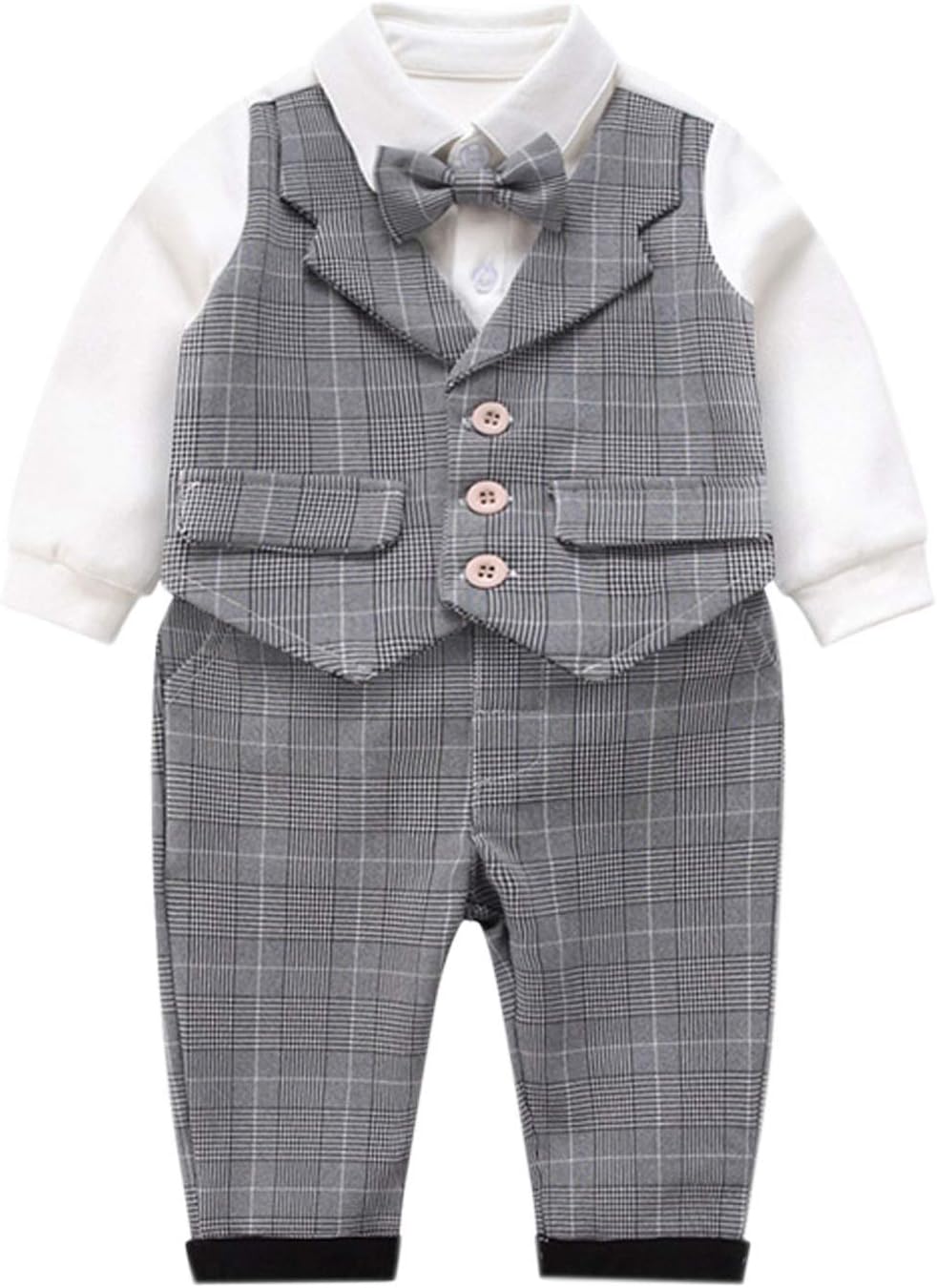 Baby Boys Gentleman Romper Long Pants Tuxedo Formal Suit Wedding Outfits with Bowtie