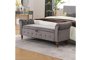 Virabit 63'' Storage Ottoman Bench for Bedroom, End of Bed Bench with Arms, Velvet Storage Bench with Button for Entryway, Living Room,Hallway, Large Storage Bench Foot Rest. (Grey)