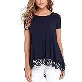 RAGEMALL Women's Tops Short Sleeve Lace Trim O-Neck A-Line Tunic Blouse Tops for Women