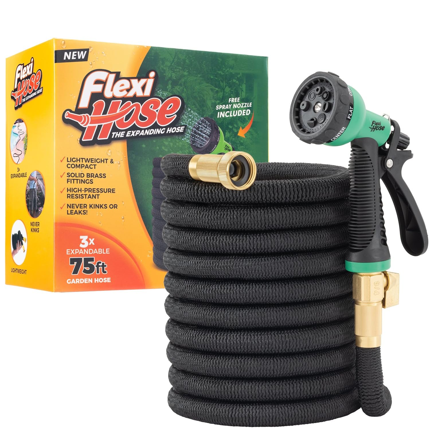Photo 1 of Flexi Hose with 8 Function Nozzle, 75FT - Lightweight Expandable Garden Hose, No-Kink Flexibility, 3/4 Inch Solid Brass Fittings and Double Latex Core