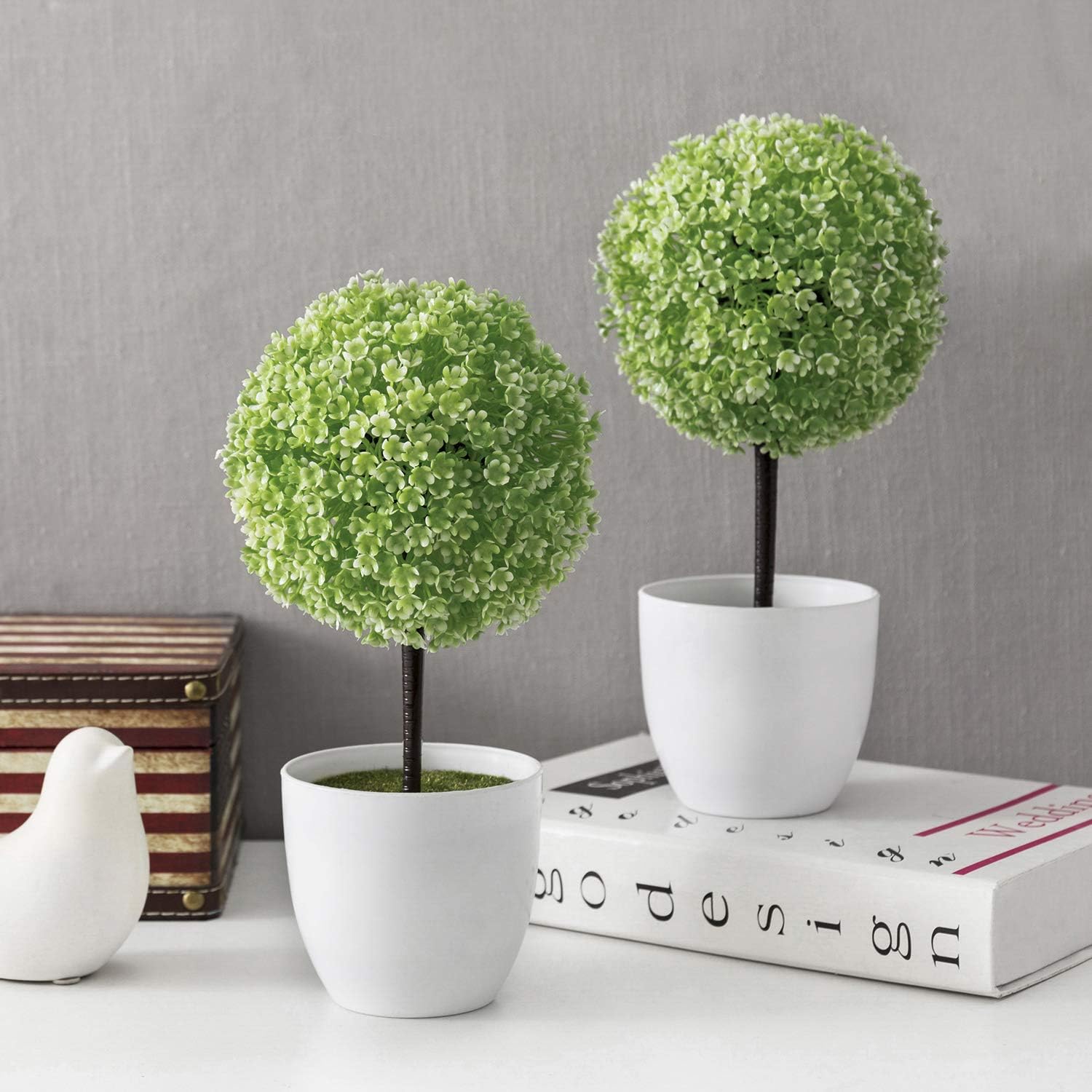 MyGift 10 inch Artificial Faux Tabletop Topiary Trees w/White Planter Pots, Set of 2 -