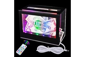 MADHOLLY Light Up Tip Jar for Money - Acrylic Donation Ballot Box for Bartender with 2 Sign Holders, Re-mote, LED Light, Lock- Suggestion Box Tip Box for Restaurants Musicians Voting Charity, USB Powered
