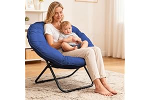 GREZJXC Saucer Chair for Adults,Kids, Round Chair Folding Chiar for Bedroom, Dorm & Gaming, Foldable Comfy Accent Seat for Small Spaces, Thick Padded Black Meatal Frame (Navy Blue)