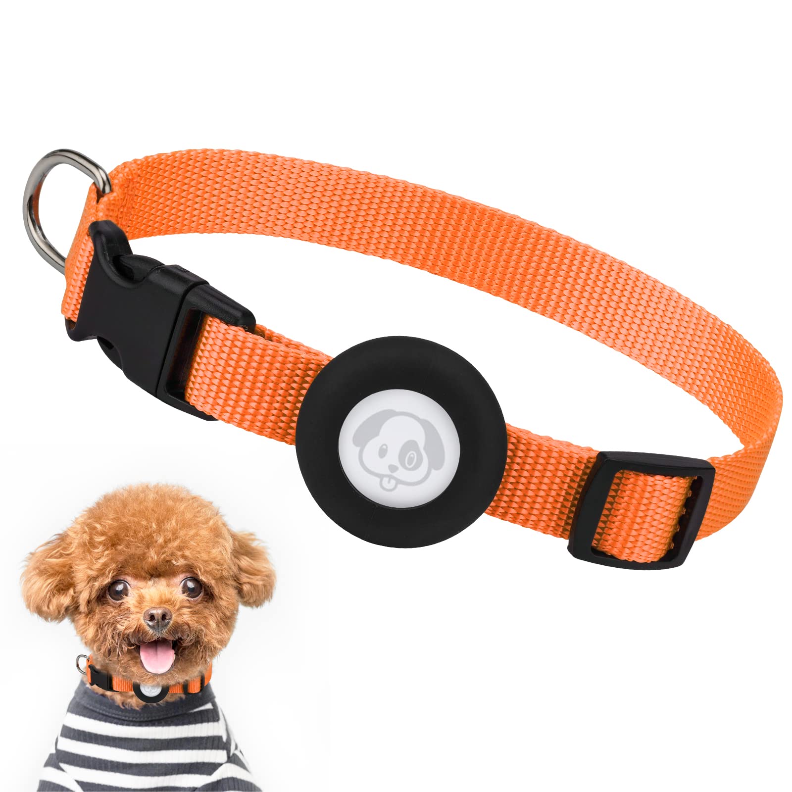 Photo 1 of Compatible with Airtag Dog Collar, Adjustable Air Tag Dog Collar with Durable Quick Snap Buckle, Imitation Nylon Dog Collar with Waterproof Apple Airtag Holder for Small Dogs (S?6"-16"?, Orange)