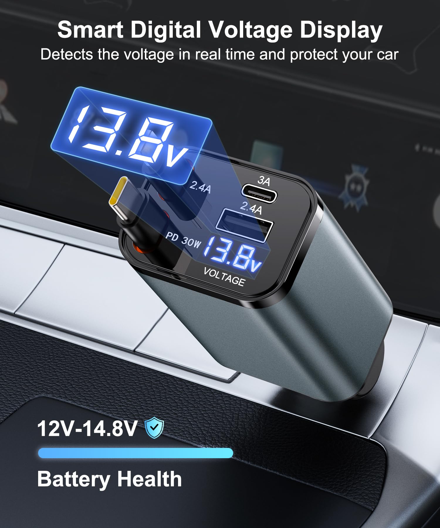 Gritin Retractable Car Charger, 69W Super Fast 4 in 1 USB C Car Charger Adapter with Smart Device-Adaptive Charging Technology&Instant Voltage Display, Accessories for iPhone17 16 Pro Max,iPad,Android