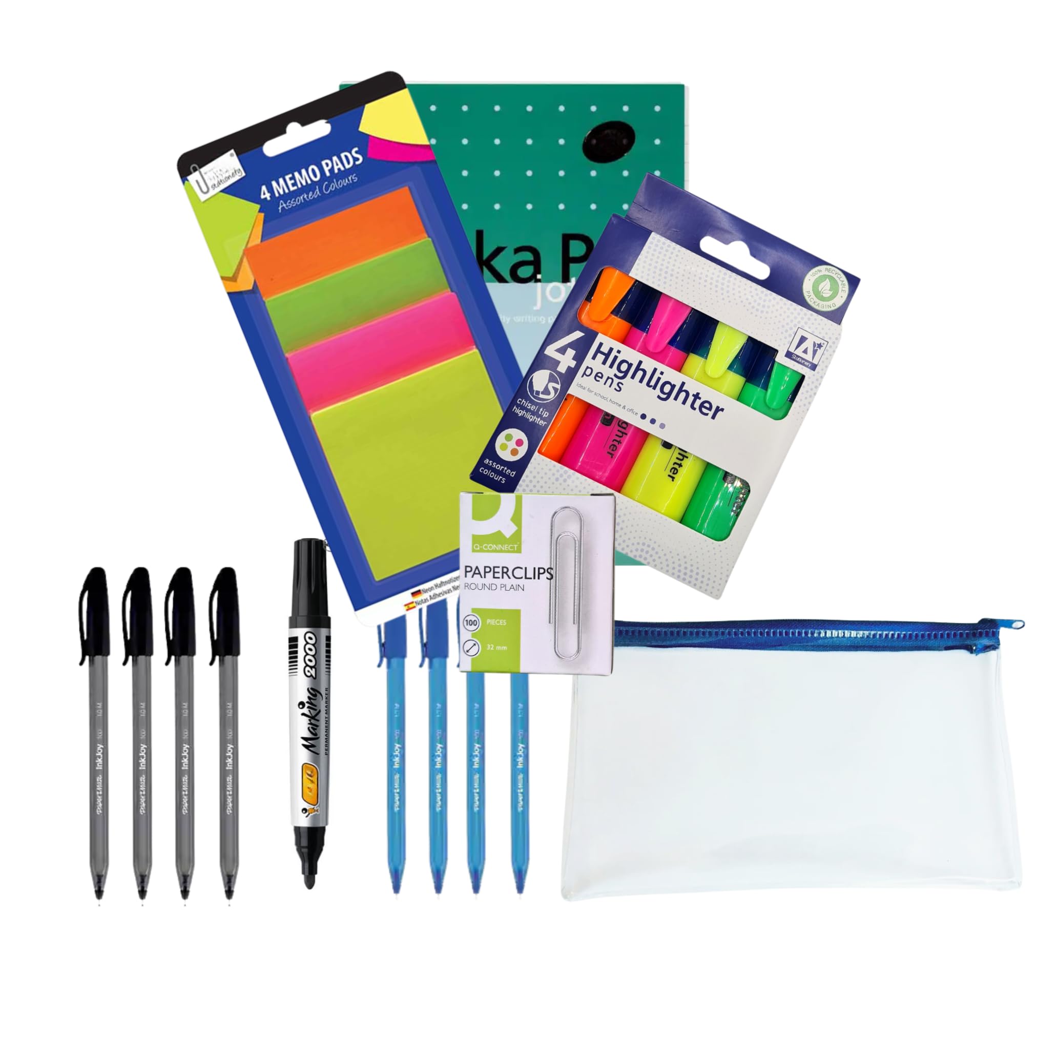 Inese Stationery Set, University Essentials Supplies, Stationery Supplies contains Notebook, Ballpoint Pens, Marker Pen, Paper Clips, Notes