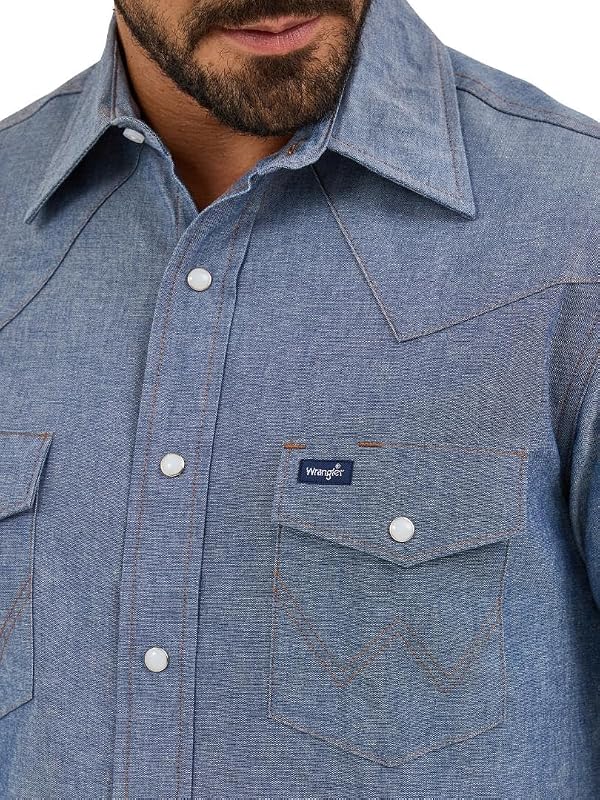 All Terrain Gear by Wrangler - Camisa de Trabajo de Manga Larga para Hombre, Corte Vaquero, Acabado Lavado, Denim Luz, 17.5 Inches Neck 37 Inches Sleeve