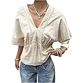 GORGLITTER Women's Boho Peasant Blouses Lace V Neck Cinched Waist Tops 3/4 Sleeve Embroidered Shirts