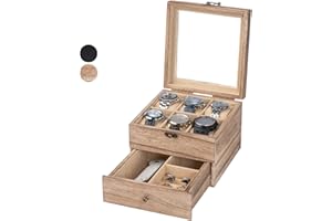 Exper City Watch Box, Watch Case for Men Women with Large Glass Lid, Wooden Watch Display Storage Box with 2 - Layers & 6 - Slots, Wood Mens Watch Box Organizer