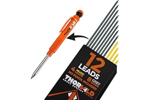 THORVALD 12 Leads for Carpenter Pencils - Incl. 8 Grey + 4 Yellow - Strong 2.8 mm Leads for Mechanical Pencils/Wood - Metal - Concrete - Tile