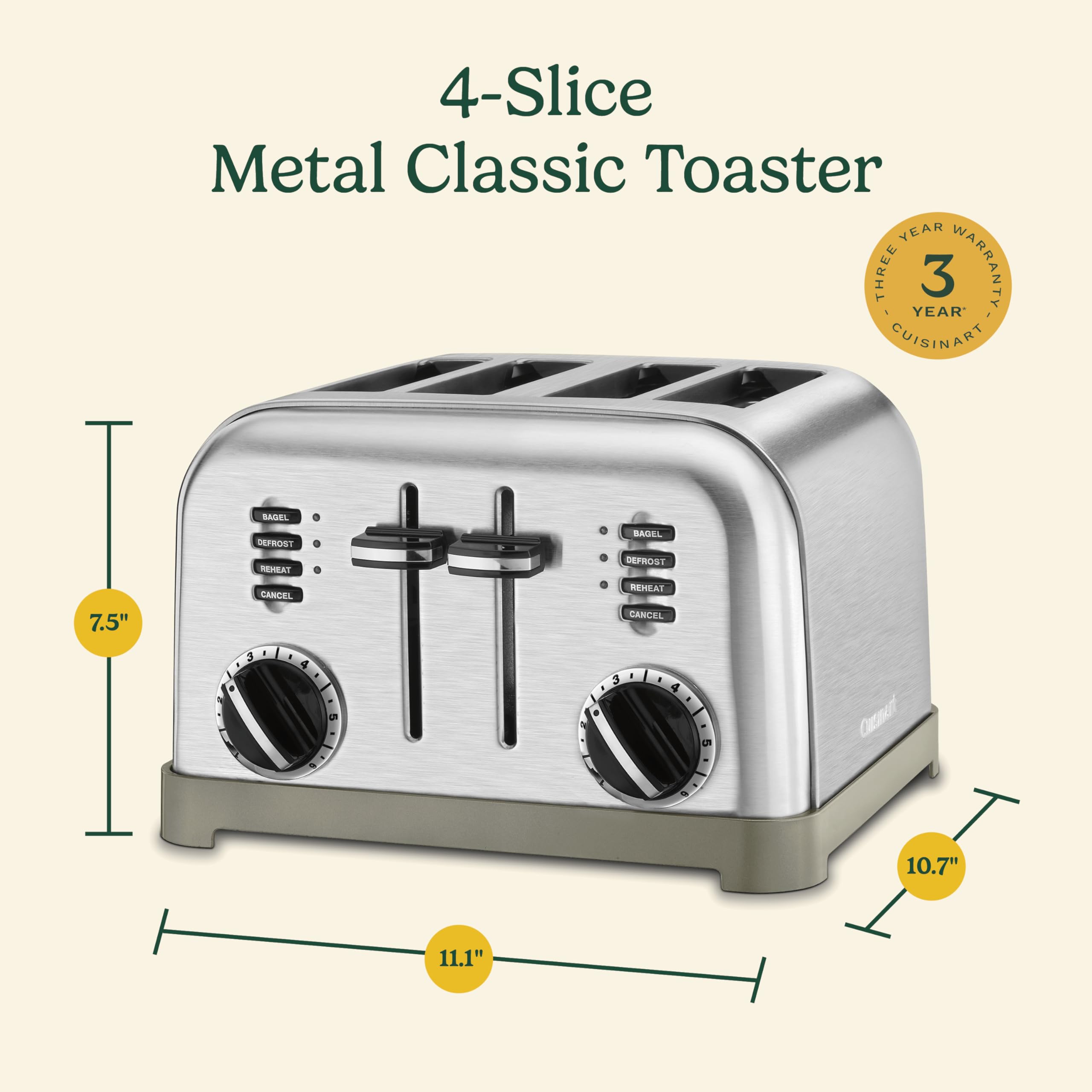 Cuisinart 4 Slice Toaster, Compact Stainless Steel Toaster with Extra-Wide Slots for Toasting Bread, French Toast, Bagels and Pastries, Defrost & Reheat Functions, CPT-180P1, Brushed Stainless