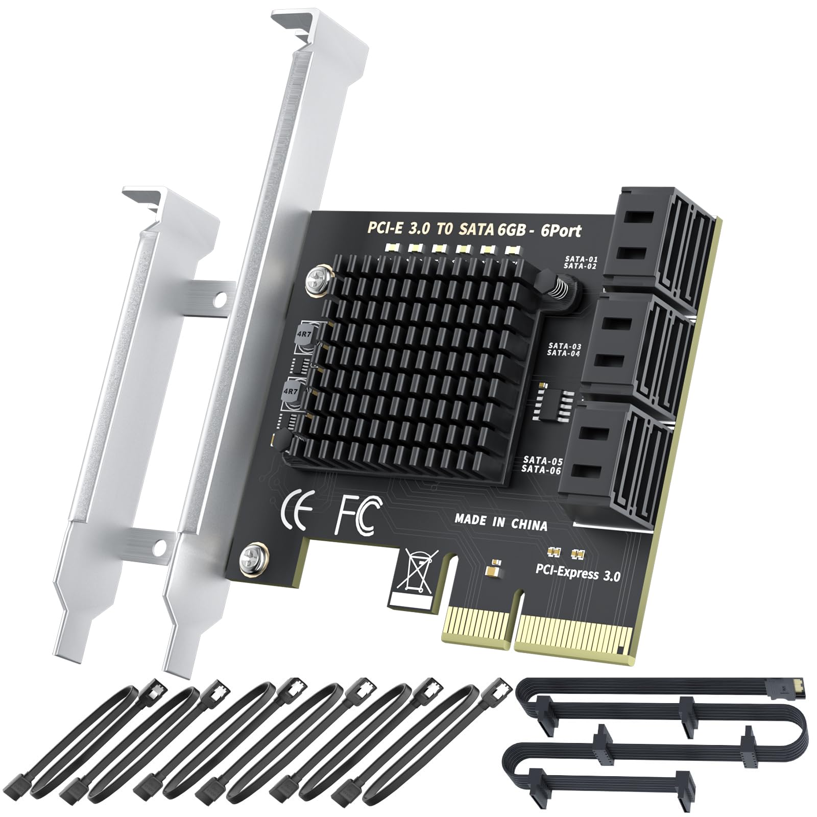 Photo 1 of 6-Port SATA Expansion Card, PCIe 3.0 x4 to 6Gbps SATA Card, Compatible with Windows/Mac/Linux/NAS (Includes 6 Sata Cables and Power Cables)