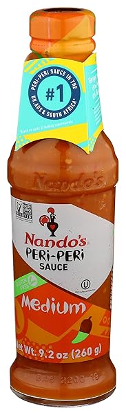 NANDOS PERI PERI MEDIUM SAUCE – SPICY SAUCES, SEASONING OR MARINADE FOR WINGS, FISH, MEAT, RICE OR VEG – NO ARTIFICIAL COLORS, FLAVORS, NON-GMO, NO MSG, GLUTEN FREE, VEGETARIAN – 9.2 OZ MEDIUM