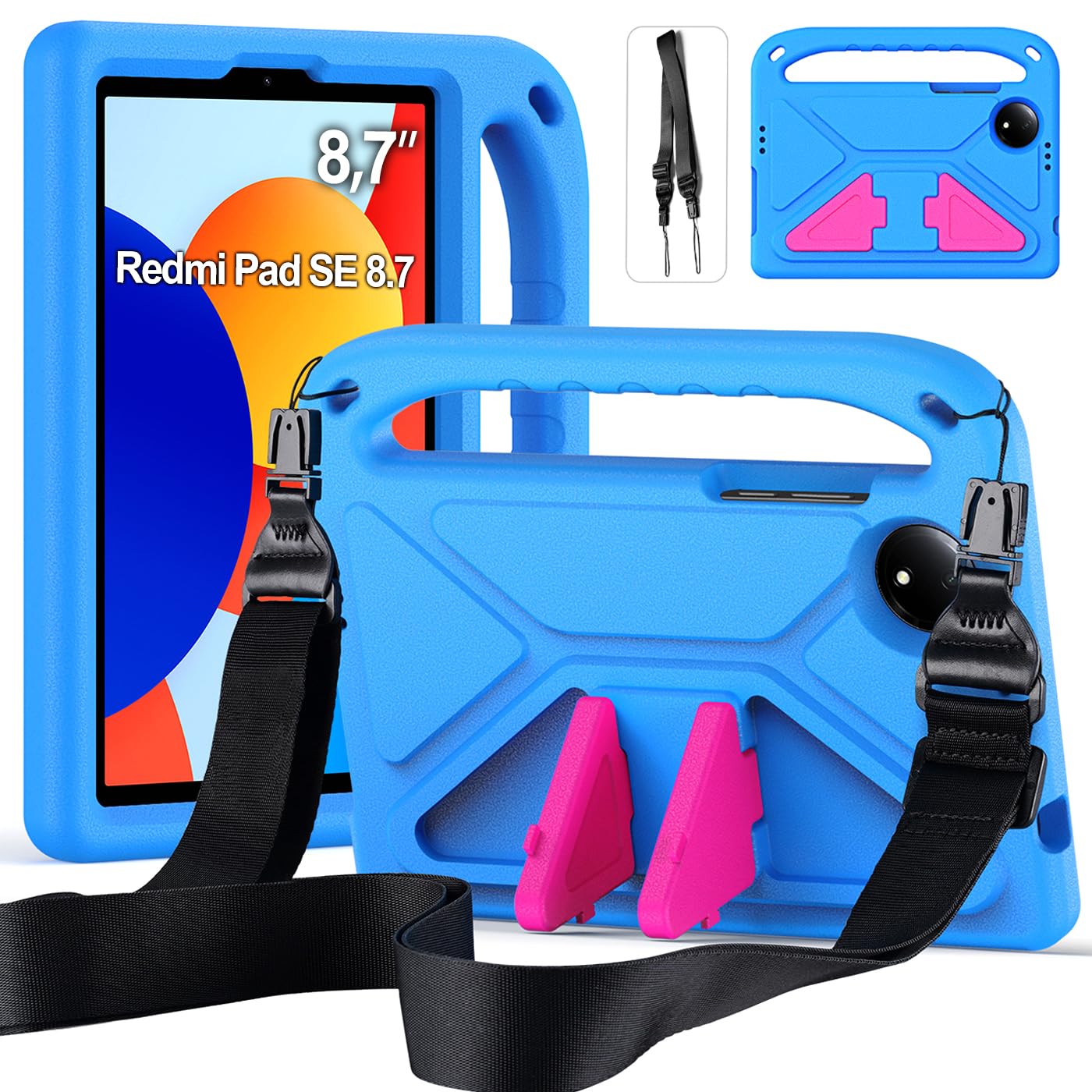 RollinCase Kinder Hülle für Xiaomi Redmi Pad SE 8.7 Zoll 2024, Eva Leicht Stoßfest Schutzhülle mit Kindergriff und Schultergurt, Blau