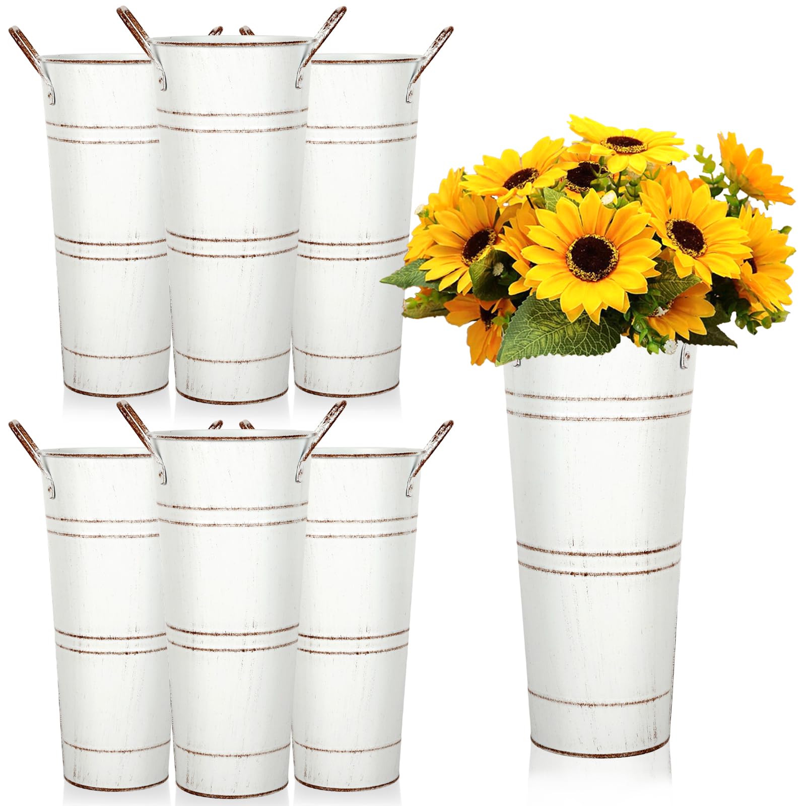 Photo 1 of 9 Inch High Galvanized French Bucket Vase with Handle 6Pcs White Metal Farmhouse Flower Vases Ideal for Dried Floral Arrangements at Home for Weddings Gift Spa and Aromatherapy Settings O4