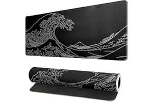 SISKI Japanese Sea Wave Large Mouse Pad Abstract Black Mouse Pad 31.5x11.8 Inch Black Kanagawa Texture Non-Slip Rubber Base Large Ocean Mousepad Stitched Edge Keyboard Mouse Mat Desk Pad for Office and Home