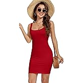 AUHEGN Women's Summer Tank Dresses Square Neck Backless Sleeveless Dress Slim Fit Cotton Bodycon Club Party Mini Dresses
